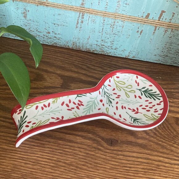 Crate & Barrel Eve Ceramic Spoon Rest Christmas Holly Berry Holiday Kitchen - Picture 1 of 6